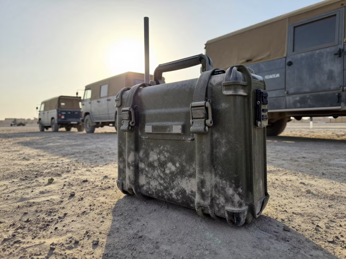 Worn Radio Case in Riyadh Desert Dust in beside a convoy halt on open ground near Riyadh