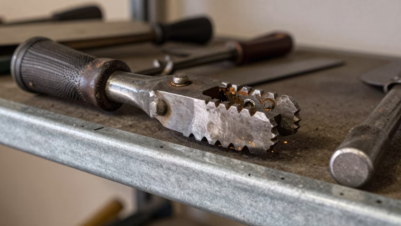 Worn Rasp on Galvanized Workshop Shelf in on a workshop shelf in Getafe
