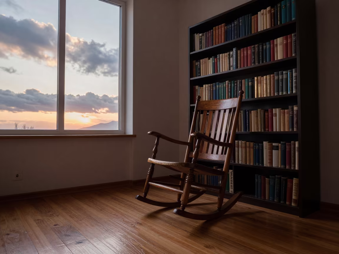 Worn Rocking Chair by Bookshelf in Samsun Atrium in inside a vaulted atrium near Samsun