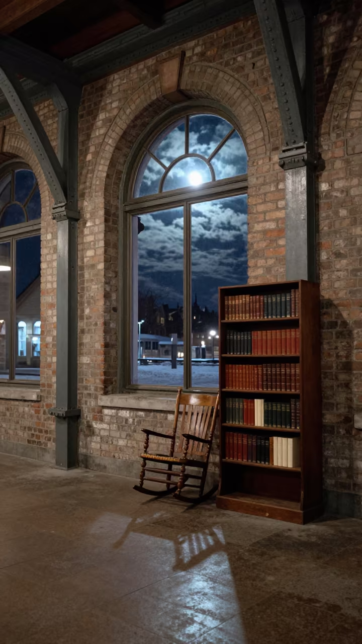 Worn Rocking Chair Moonlit Train Terminal Winter in inside a restored train terminal near Old Quebec, Quebec City