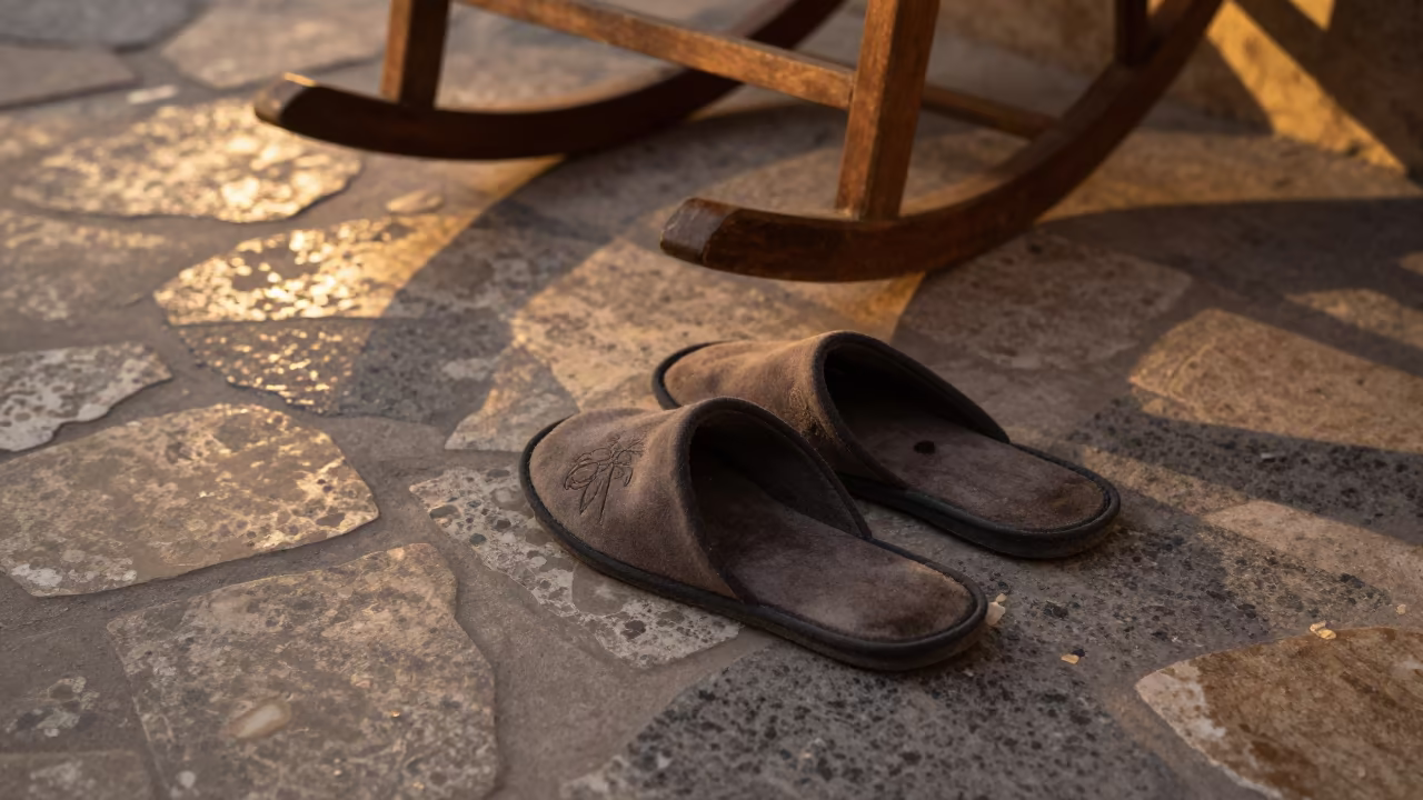 Worn Slippers on Fez Porch Floor Sunset in on a porch with a rocking chair in Fez