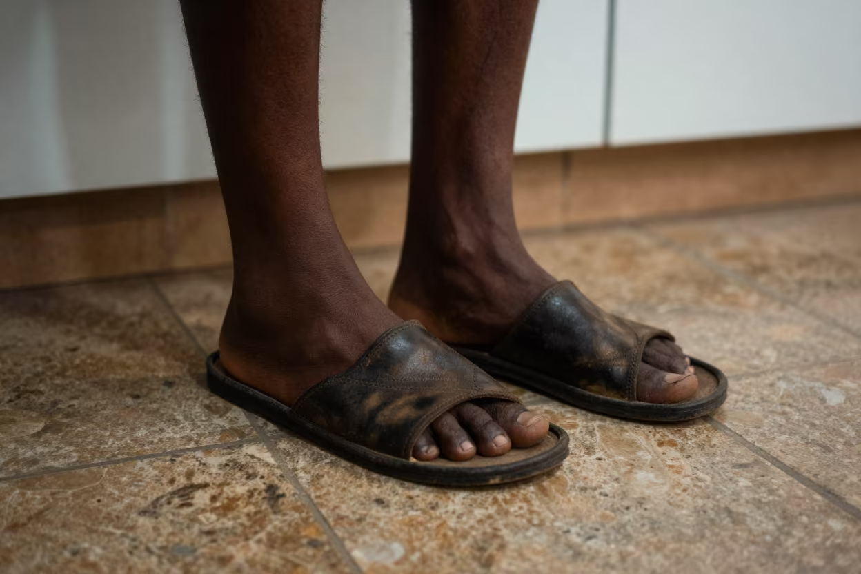 Worn Slippers on Inhambane Flagstone Floor in in a cozy kitchen in Inhambane