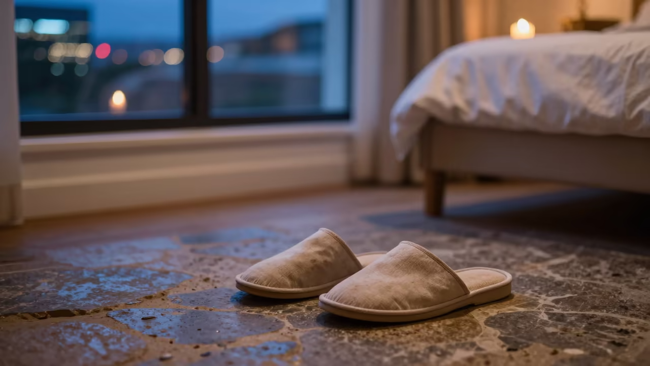 Worn Slippers on Knysna Flagstone Floor in in a candlelit bedroom in Knysna