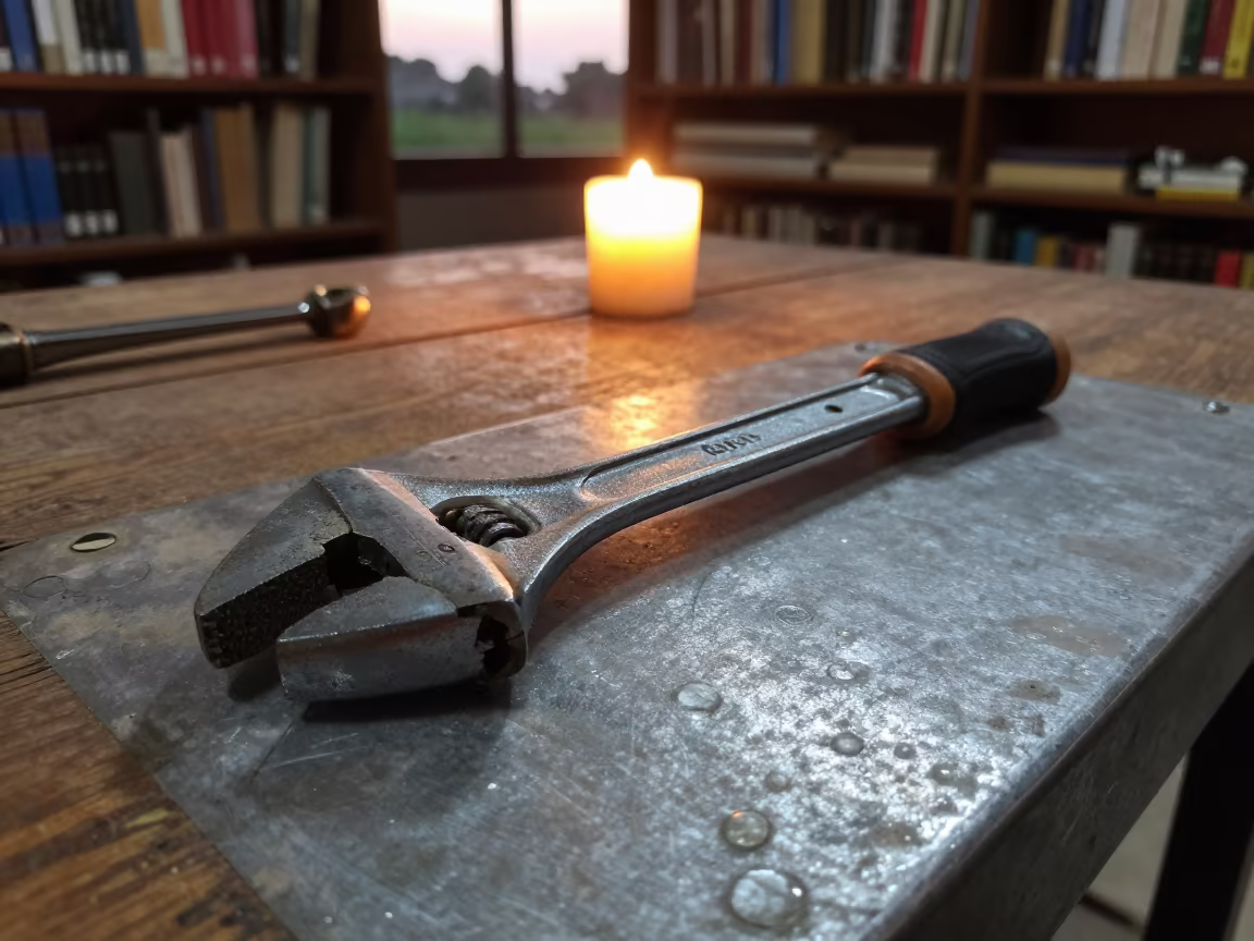 Worn Spanner on Library Table in Candlelight in on a dusty library table in Cebu