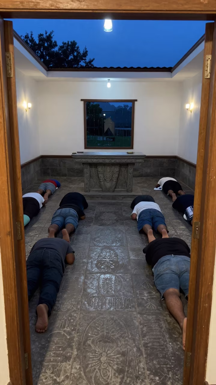 Worn Stone Prostration Marks Under Indigo Light in at the foot of a stone altar in Tarapoto
