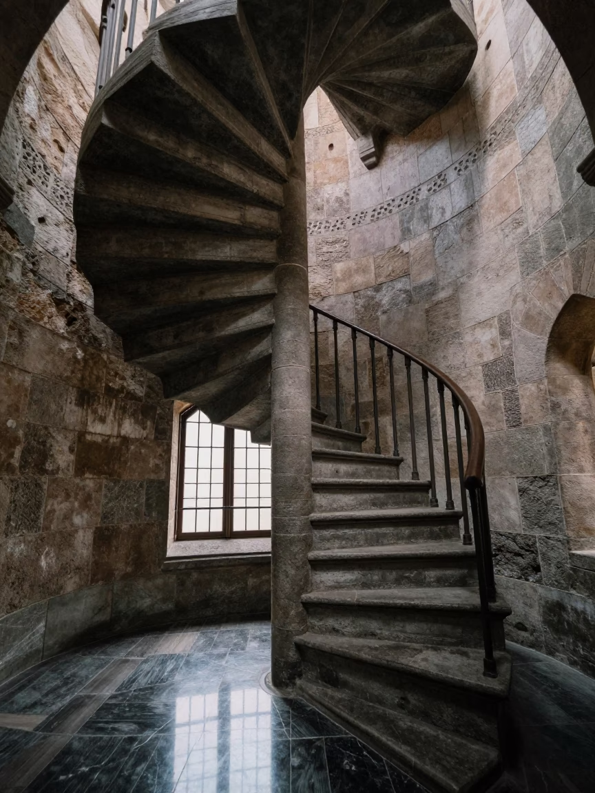 Worn Stone Spiral Staircase in Reims Tower in inside a skylit passageway in Reims