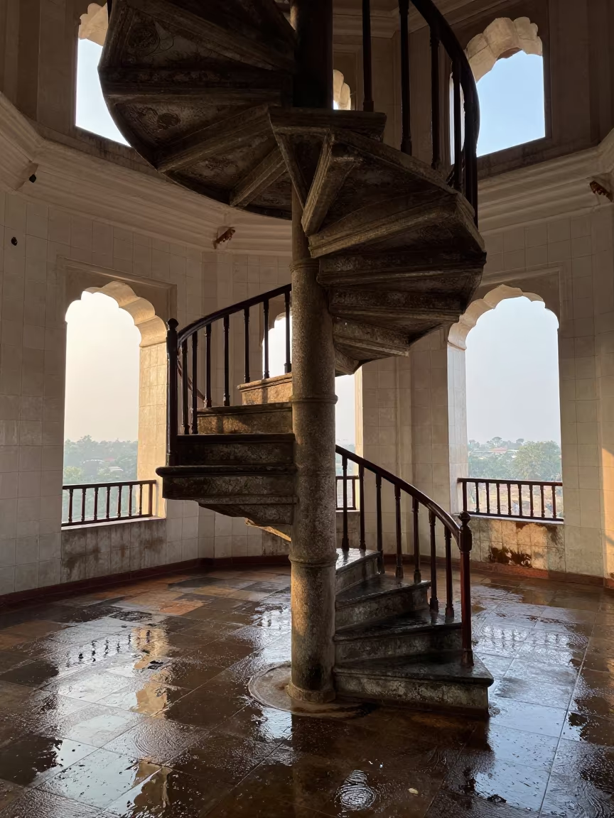 Worn Stone Spiral Staircase in Tiled Hall in inside a tiled stair hall near Pune