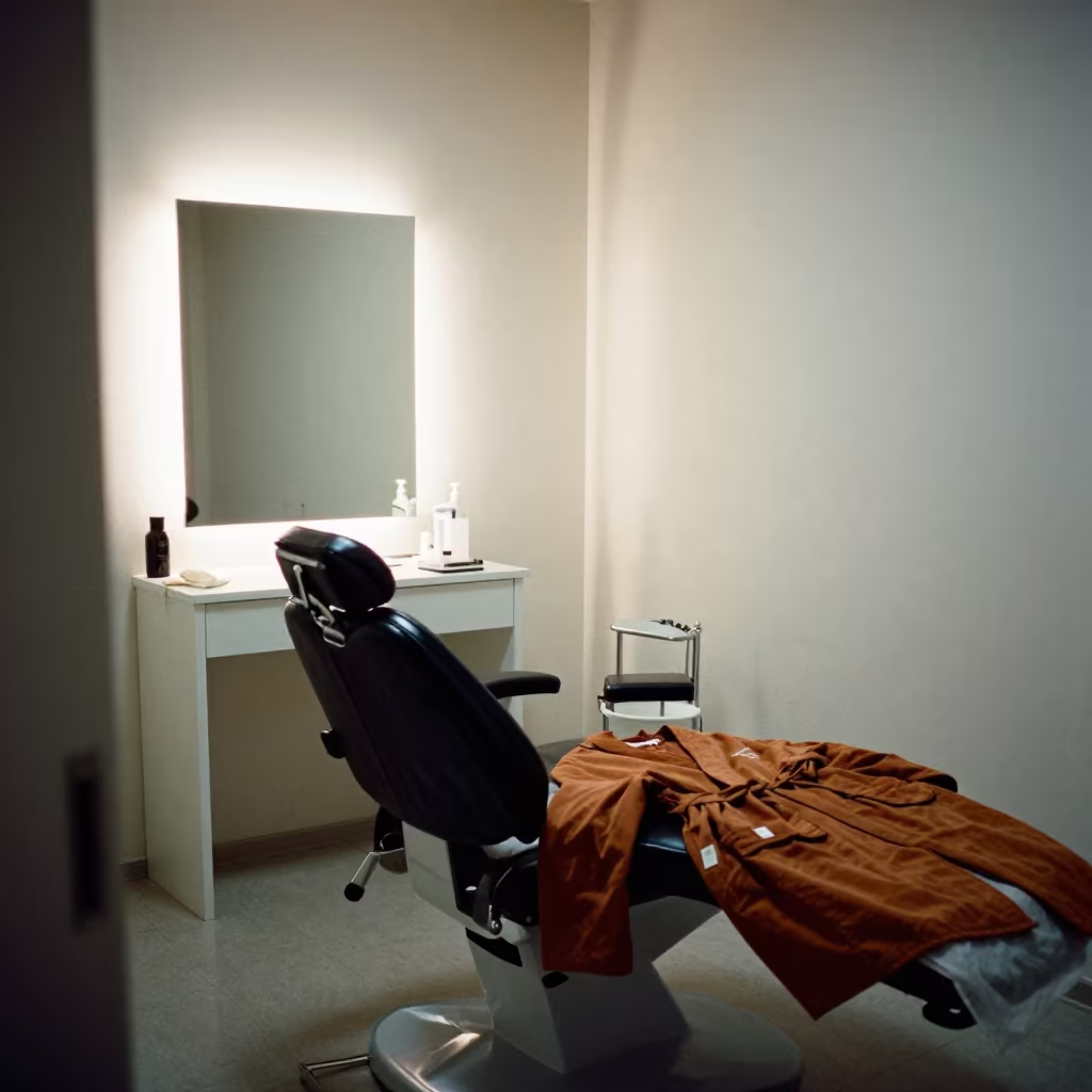 Worn Threading Chair Under Vanity Mirror in inside a skincare treatment room in Belgrade