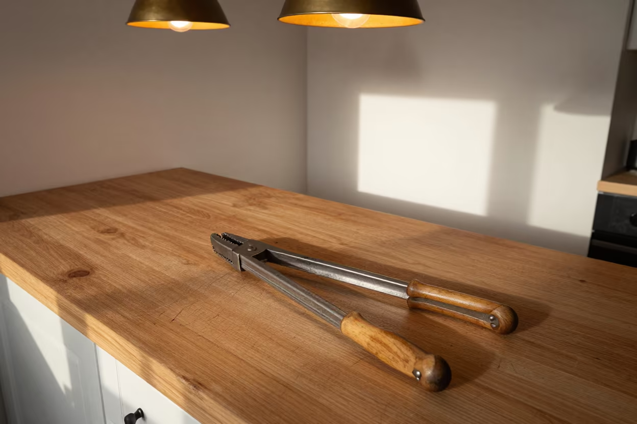 Worn Tongs on Wooden Island Makhachkala in on a wooden workbench in Makhachkala