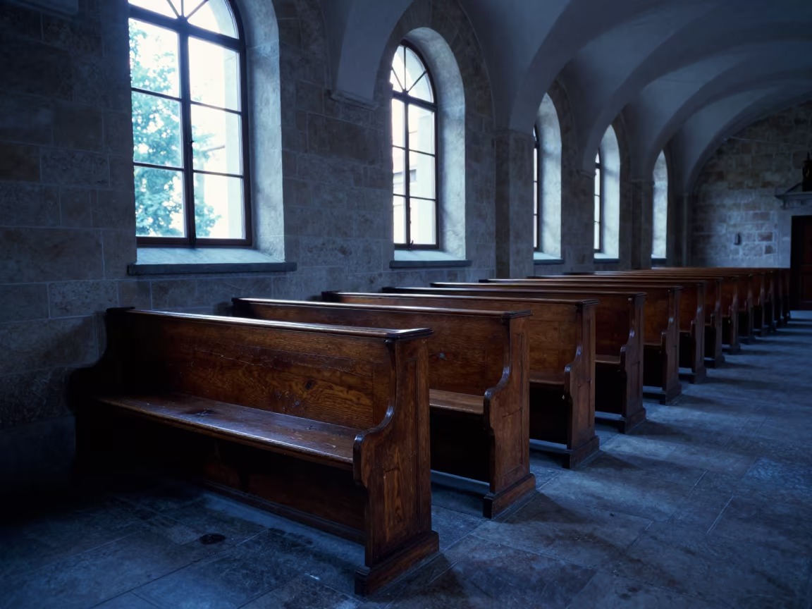Worn Wooden Abbey Pew in Ljubljana Monastery Corridor in along a monastery corridor in Ljubljana
