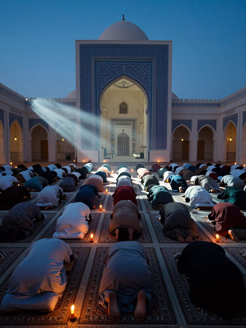 Worshippers Prostrate in Candlelit Abu Dhabi Mosque in inside a candlelit nave in Abu Dhabi