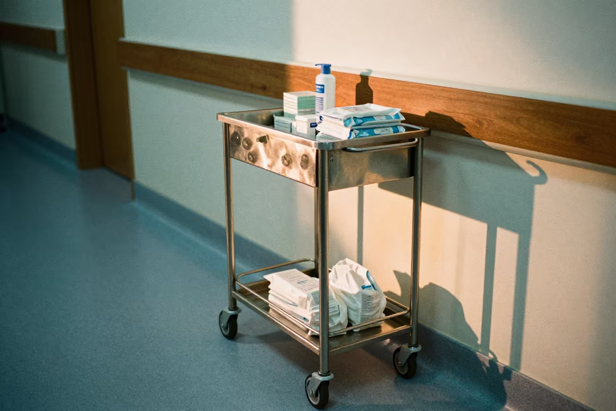 Wound Care Caddy in Hospital Corridor at Sunset in inside a hospital corridor near Duékoué