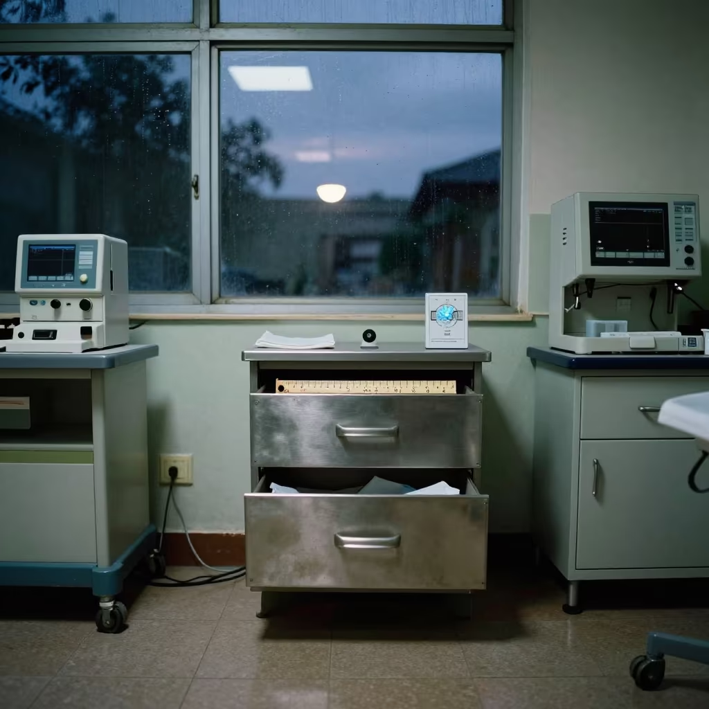 Wound Photo Ruler Drawer at Nurse Station in at a nurse station under monitor glow near Dar es Salaam