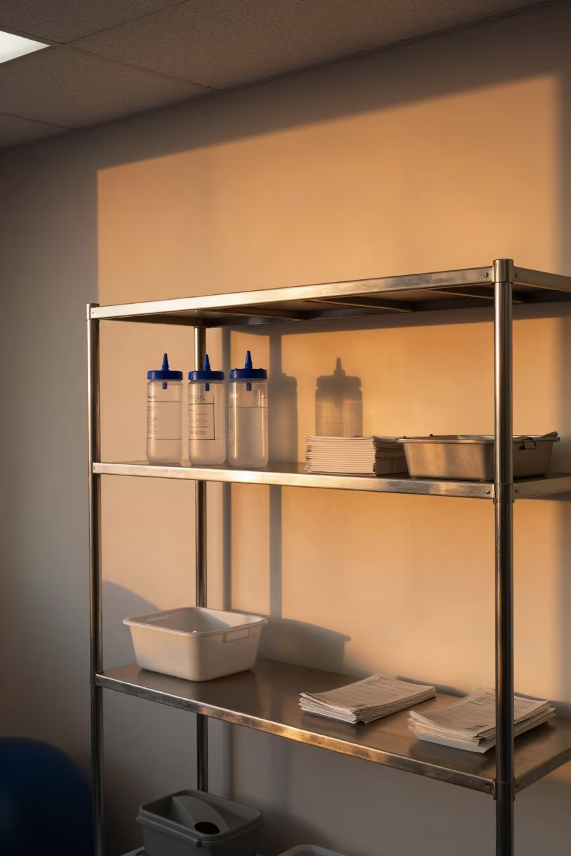 Wound Vac Canister Shelf in Rome Clinic in inside a rehabilitation gym in Rome