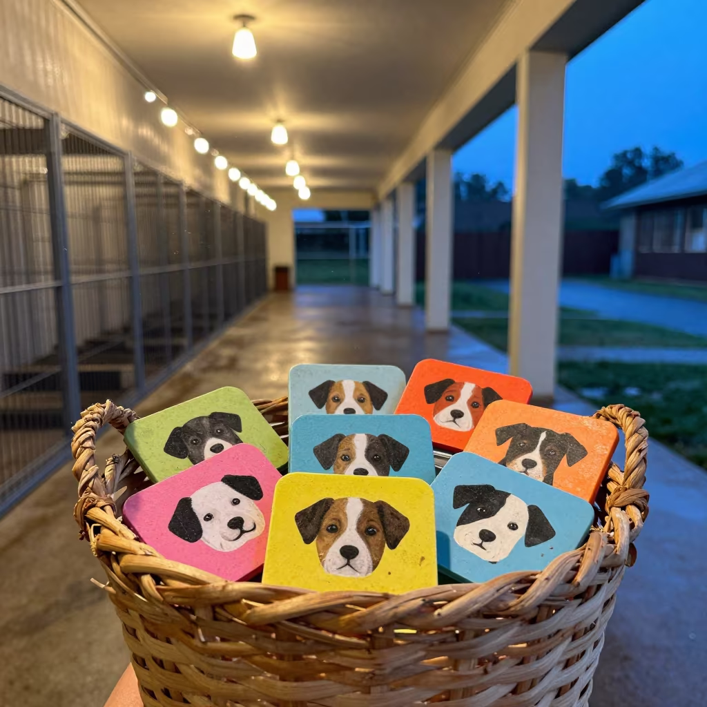 Woven Basket of Puppy Tags in Paramaribo Kennel in in a boarding kennel corridor in Paramaribo