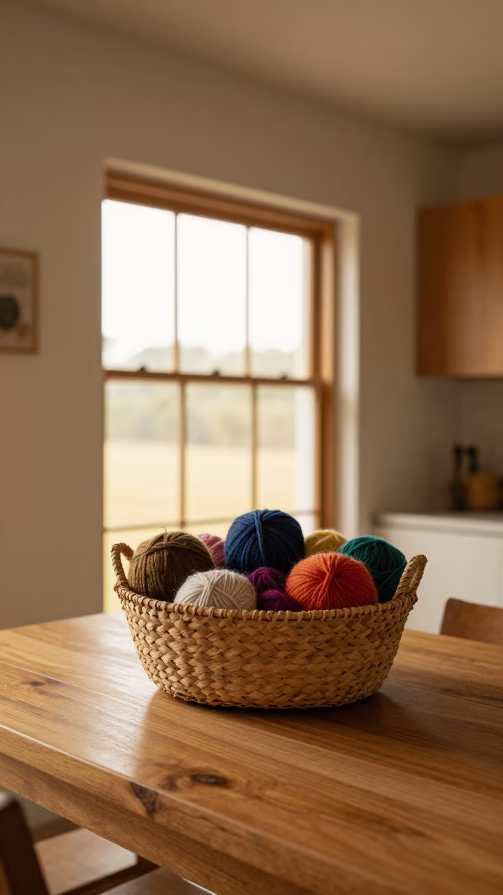 Woven Basket of Yarn on Oak Table in Labé Kitchen in in a cozy kitchen in Labé