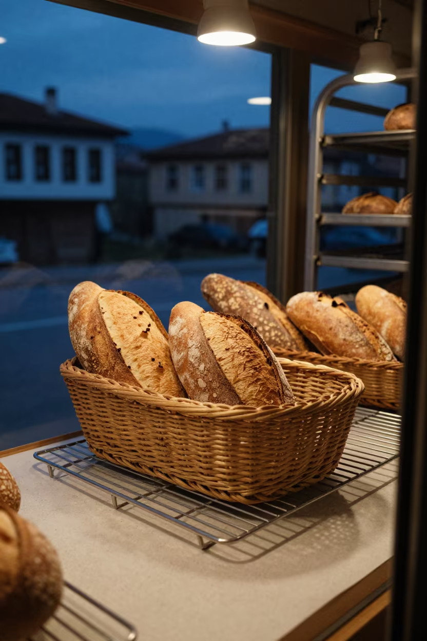 Woven Bread Basket on Cooling Rack at Dusk in on a bakery cooling rack in Gjirokaster
