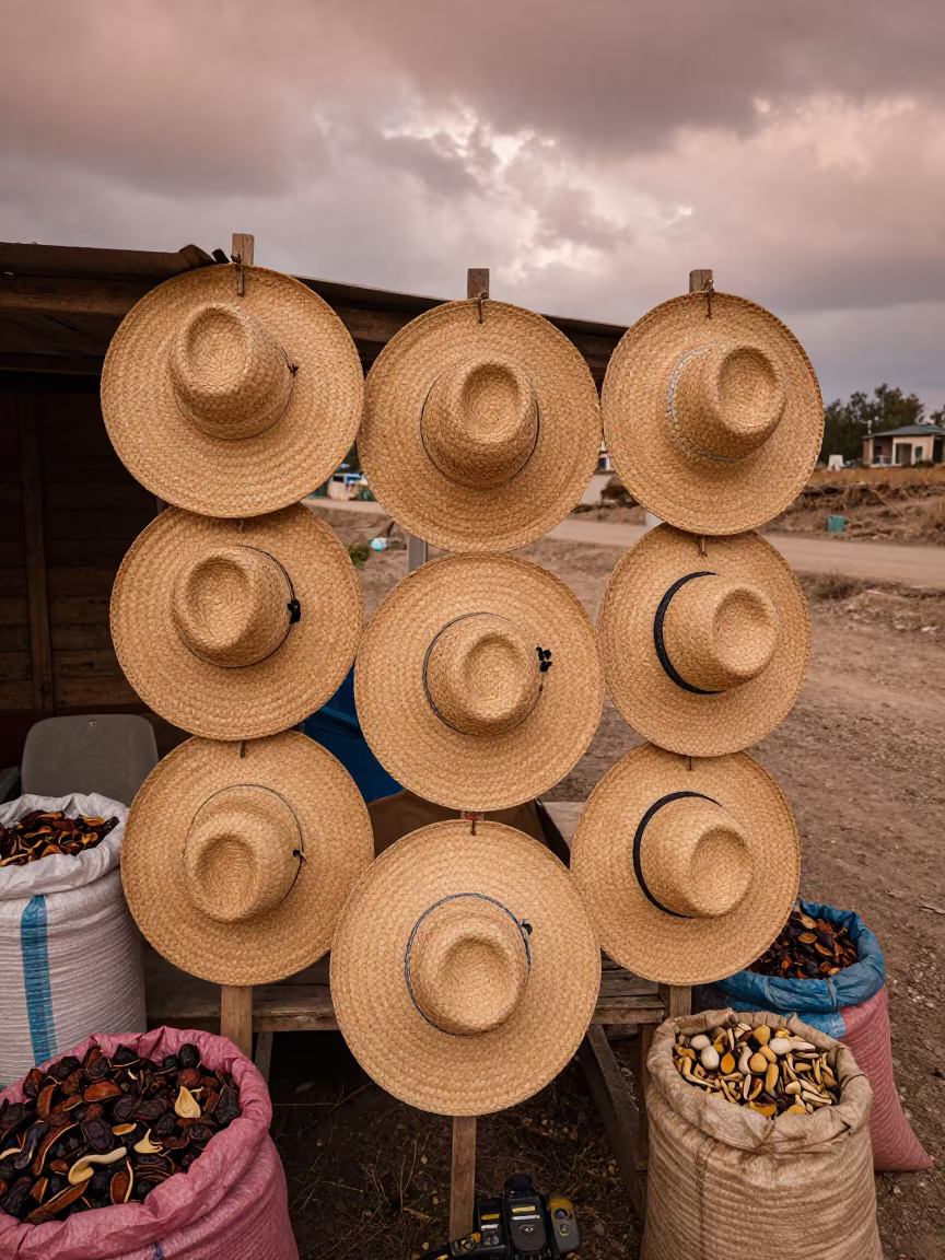 Woven Hats on Pegs at Nizip Market Stall in at a roadside fruit stand in Nizip