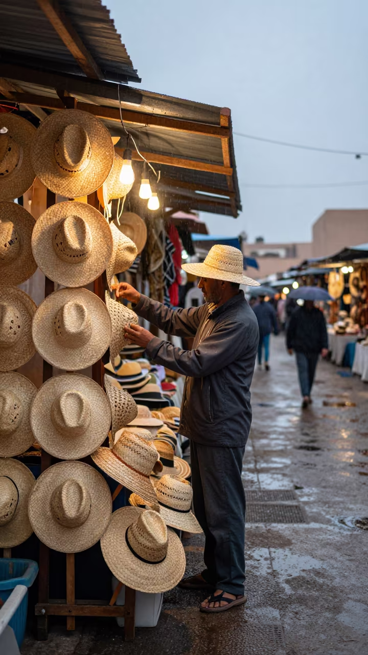 Woven Hats on Pegs at Temara Market Stall in in a flea market lane in Temara