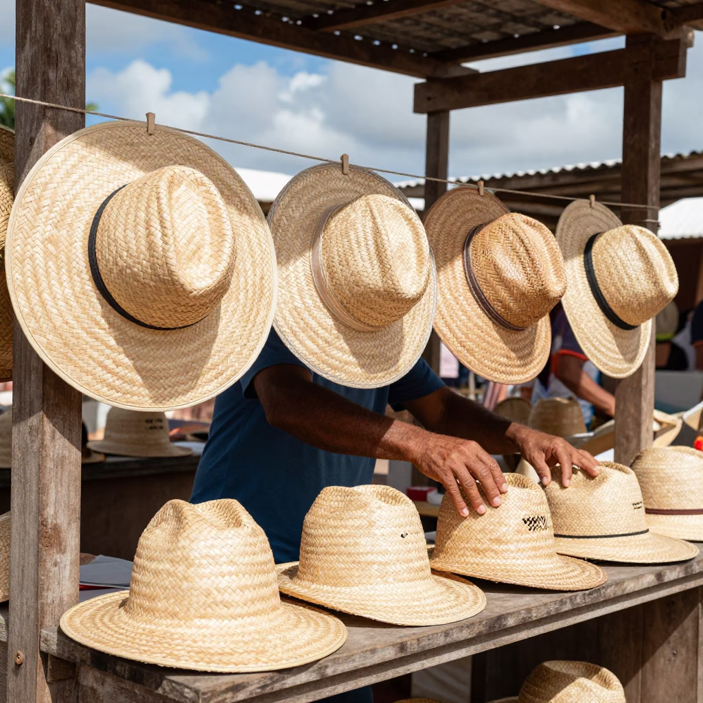 Woven Hats at Recife Flower Auction in at a flower auction bench in Recife
