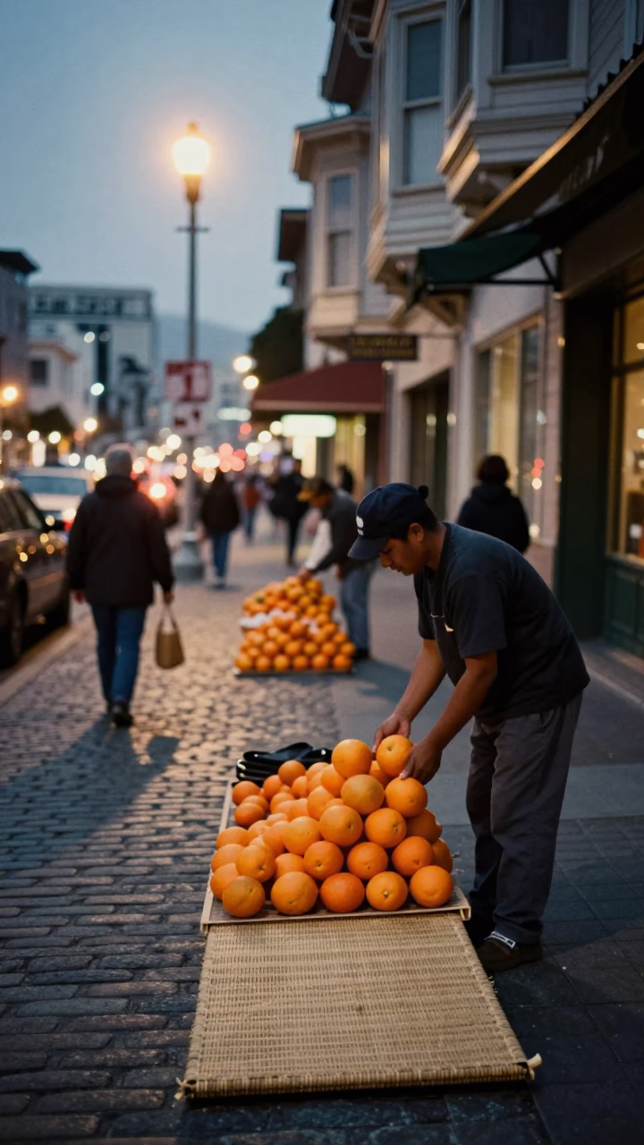 Woven Mats at As City Lights Begin To Glow in San Francisco in in San Francisco, California, United States