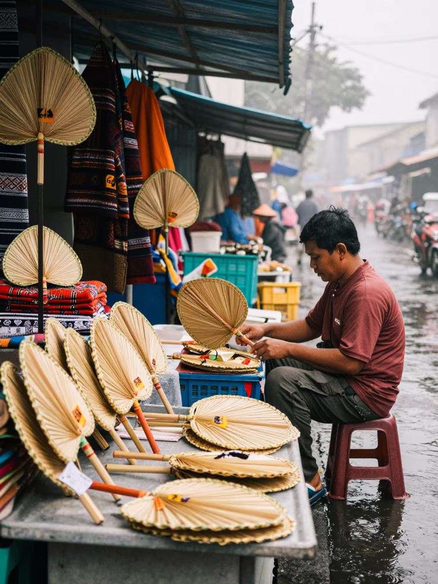 Woven Palm Fans at Jakarta Market Stall in at a textile trader's stall in Tanah Abang, Jakarta