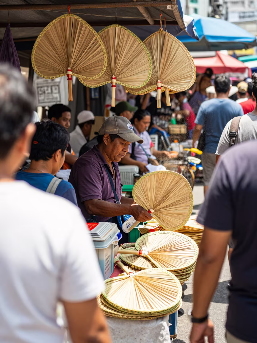 Woven Palm Fans Vendor at BGC Manila Market in in a flea market lane in BGC, Manila
