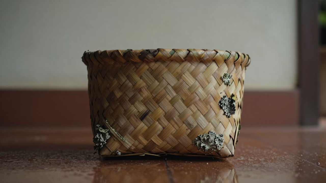 Woven Palm Fibers Basket on Lichen Bark in on lichen-covered bark in Luang Prabang