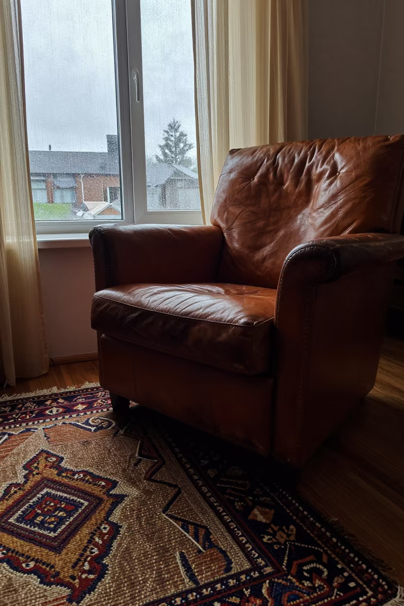 Woven Rug Pile on Leather Armchair at Dawn in on a worn leather armchair near Abakan
