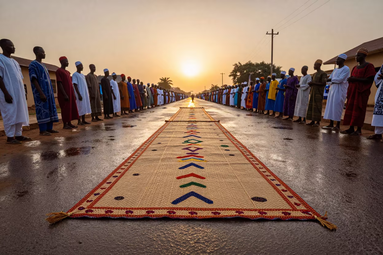 Woven Sash on Festival Mat at Ibadan Sunset in at a festival street procession near Ibadan