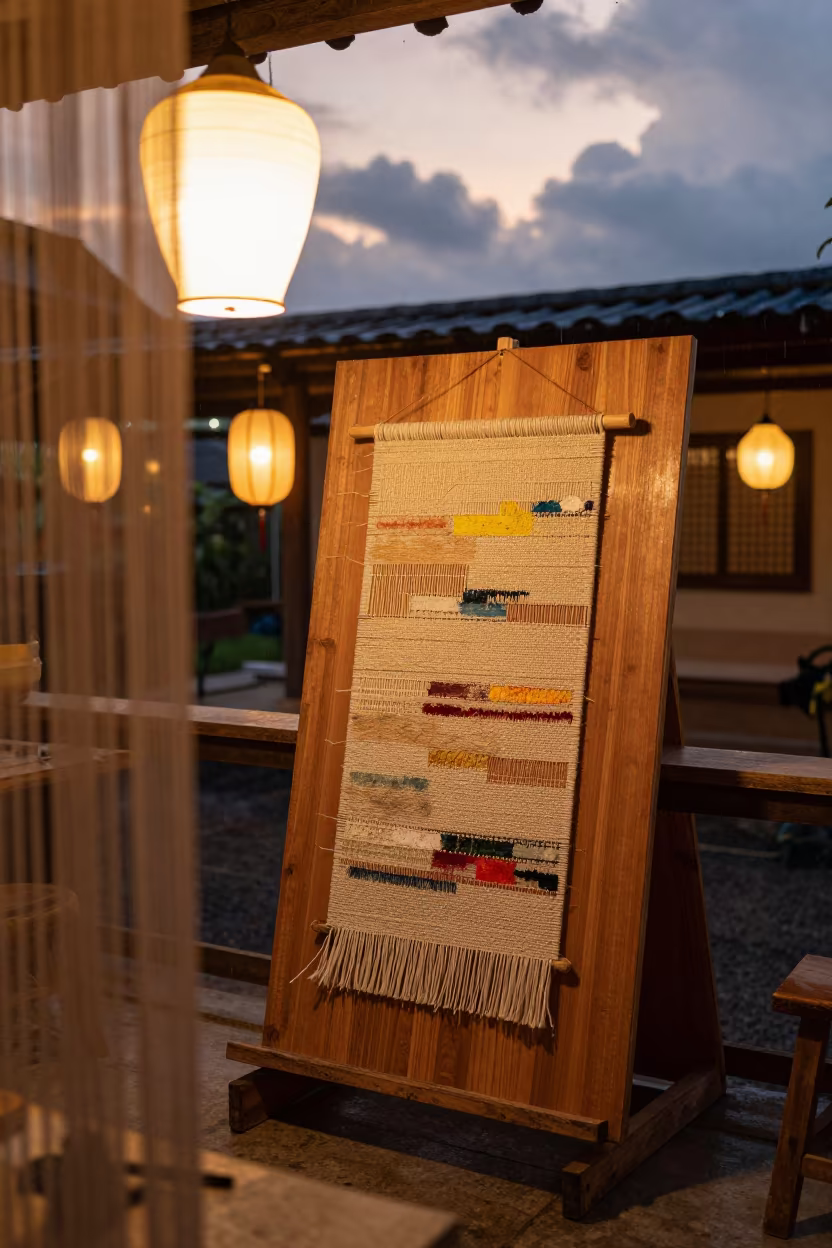 Woven Sash Under Golden Workshop Light in Maun in in a shrine lined with lanterns in Maun