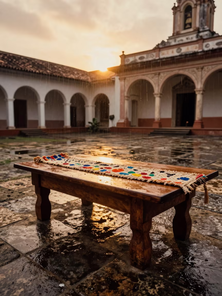 Woven Sash Pigments Sunset Drizzle Temple in in a temple courtyard in Isla Margarita