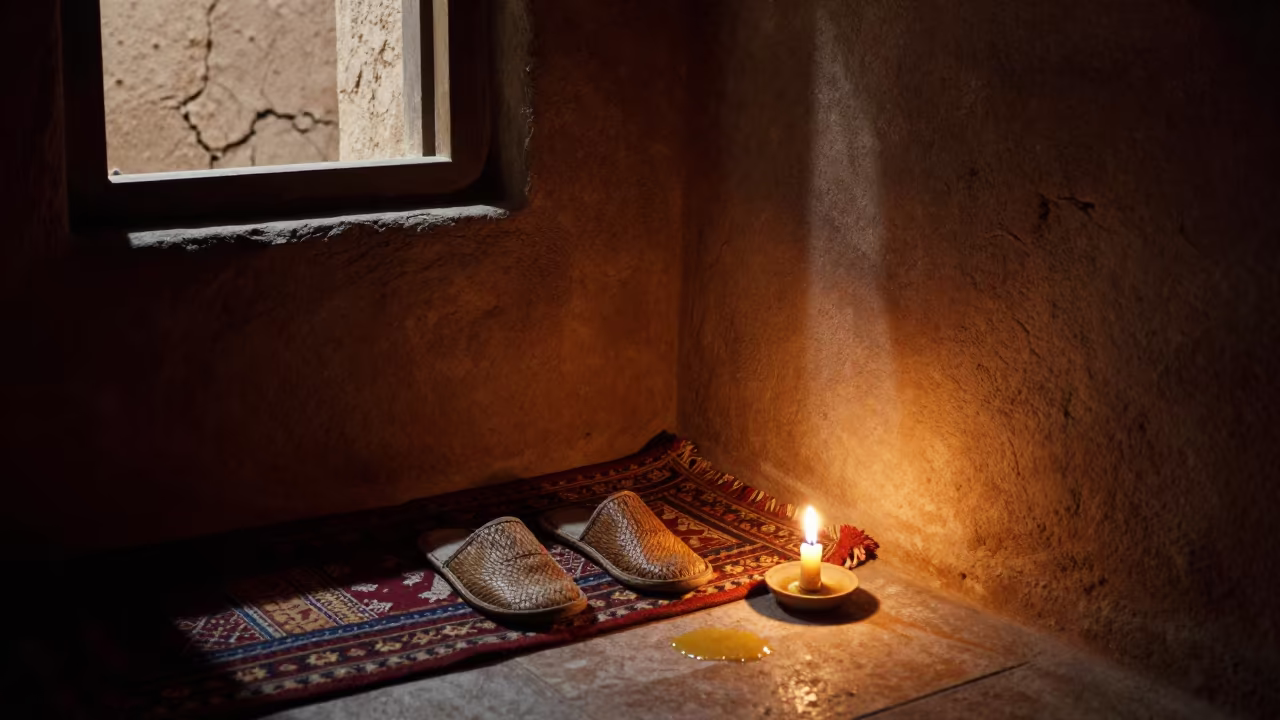 Woven Slippers on Hearth Mat Midnight Candlelight Sanaa in in a breakfast nook near Sanaa