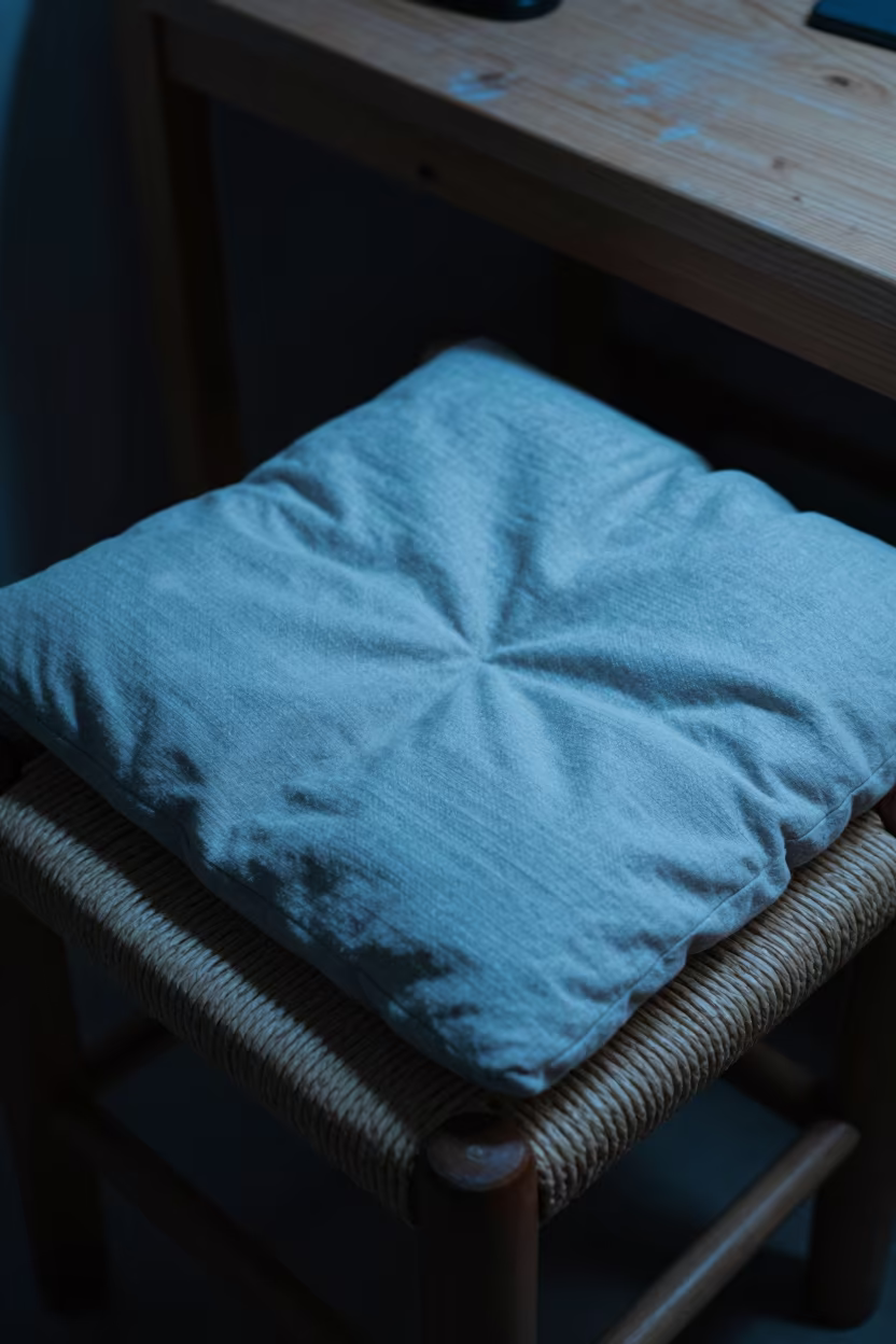 Woven Stool Cushion Under Neon Light in Wenzhou in on a wooden workbench in Wenzhou