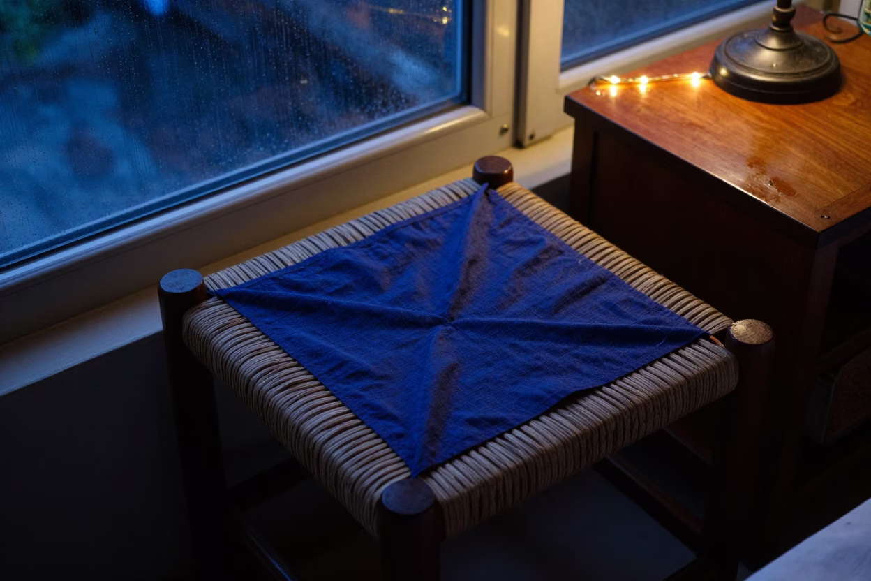 Woven Stool Draft Stopper Indigo Twilight in on a bedside table in Kanchipuram