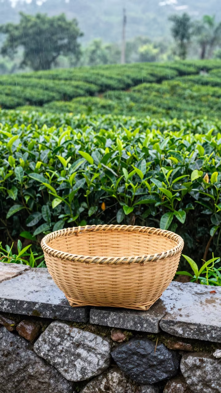 Woven Tea Basket on Stone Wall in Drizzle in along freshly irrigated rows in Philippines