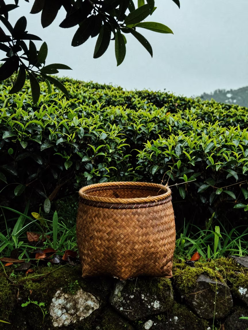 Woven Tea Basket on Stone Wall in Rain in at the edge of a tea plantation in Malaysia