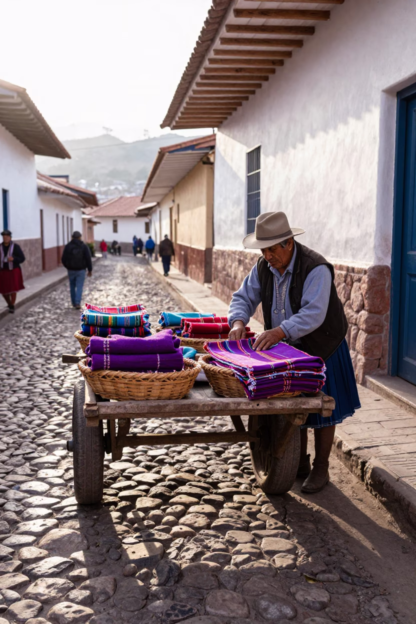 Woven Textiles just after sunrise in Cusco in in Cusco, Peru