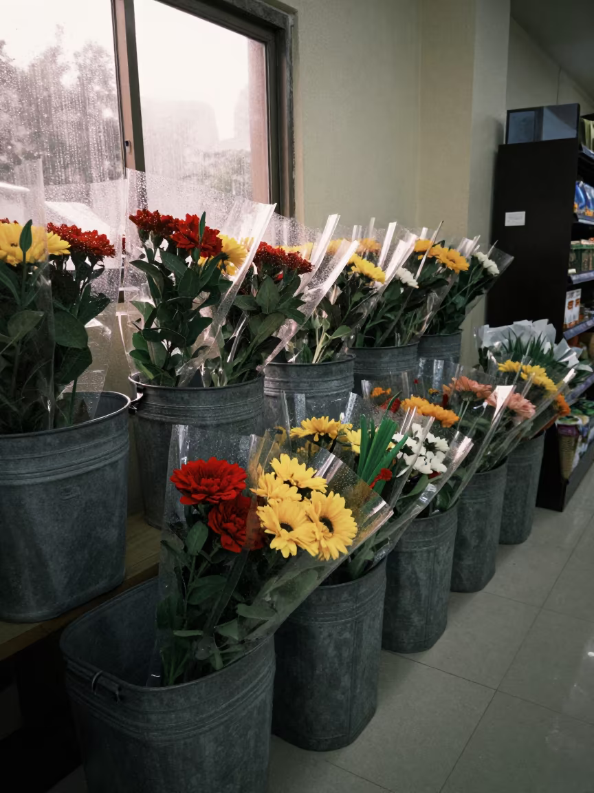 Wrapped Bouquets in Florist Cooler Dawn Light in inside a bright retail aisle near Rohtak