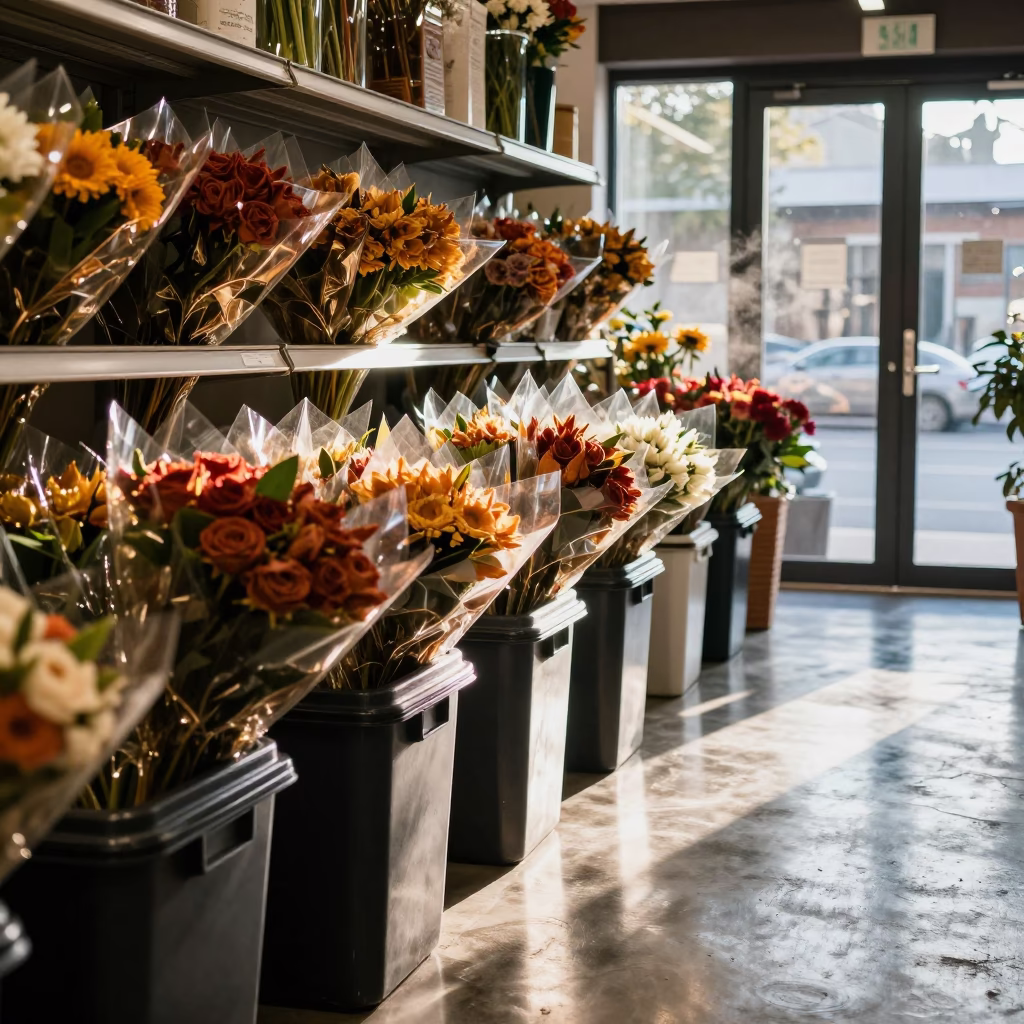 Wrapped Bouquets in Florist Cooler at Dawn Ohrid in at a checkout lane under flat store light in Ohrid