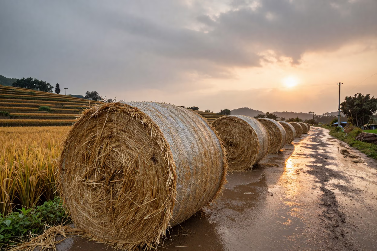 Wrapped Hay Bale Beside Muddy Lane at Sunset in among terraced rice paddies in Shenzhen