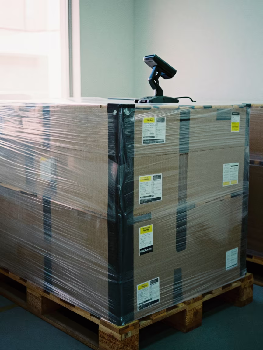 Wrapped pallet lane with destination stickers near Sao Luis in at a fulfillment packing station near Sao Luis