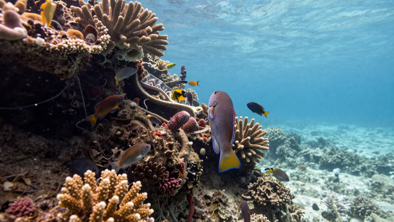 Wrasse Cleaning Station Coral Bommie Zanzibar in beside a reef crevice under clear water near Zanzibar