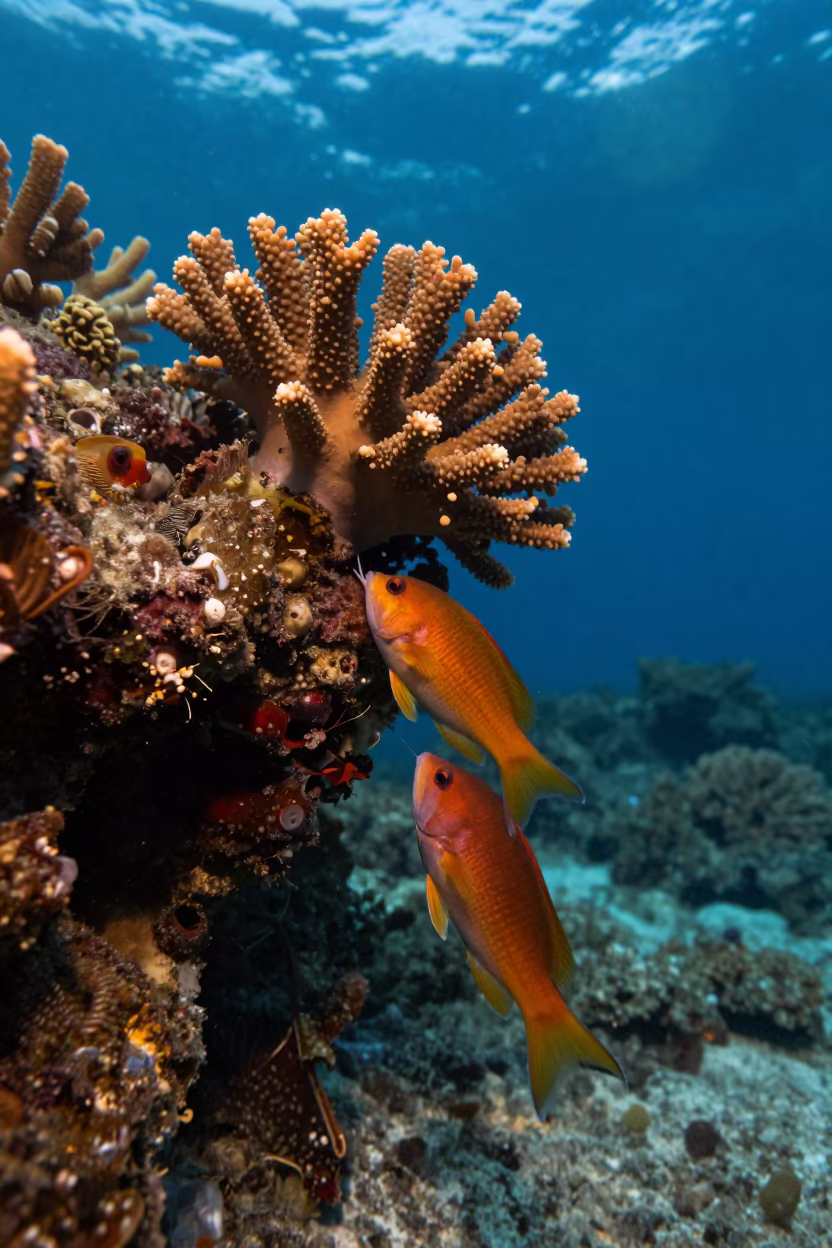 Wrasses Cleaning Coral Bommie in Evening Light in along a coral wall with blue water beyond near Denpasar