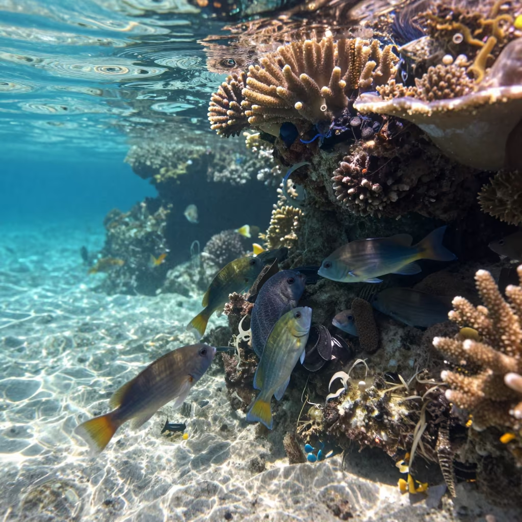 Wrasses at Cleaning Station on Coral Bommie Reef in beside a volcanic reef overhang near Cairns