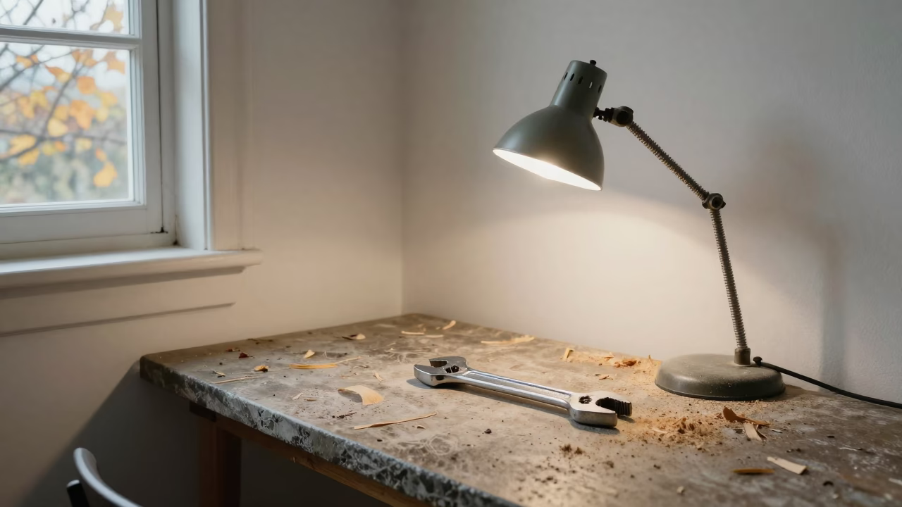 Wrench on Scarred Bench Under Task Lamp in on a stone ledge in Guiyang