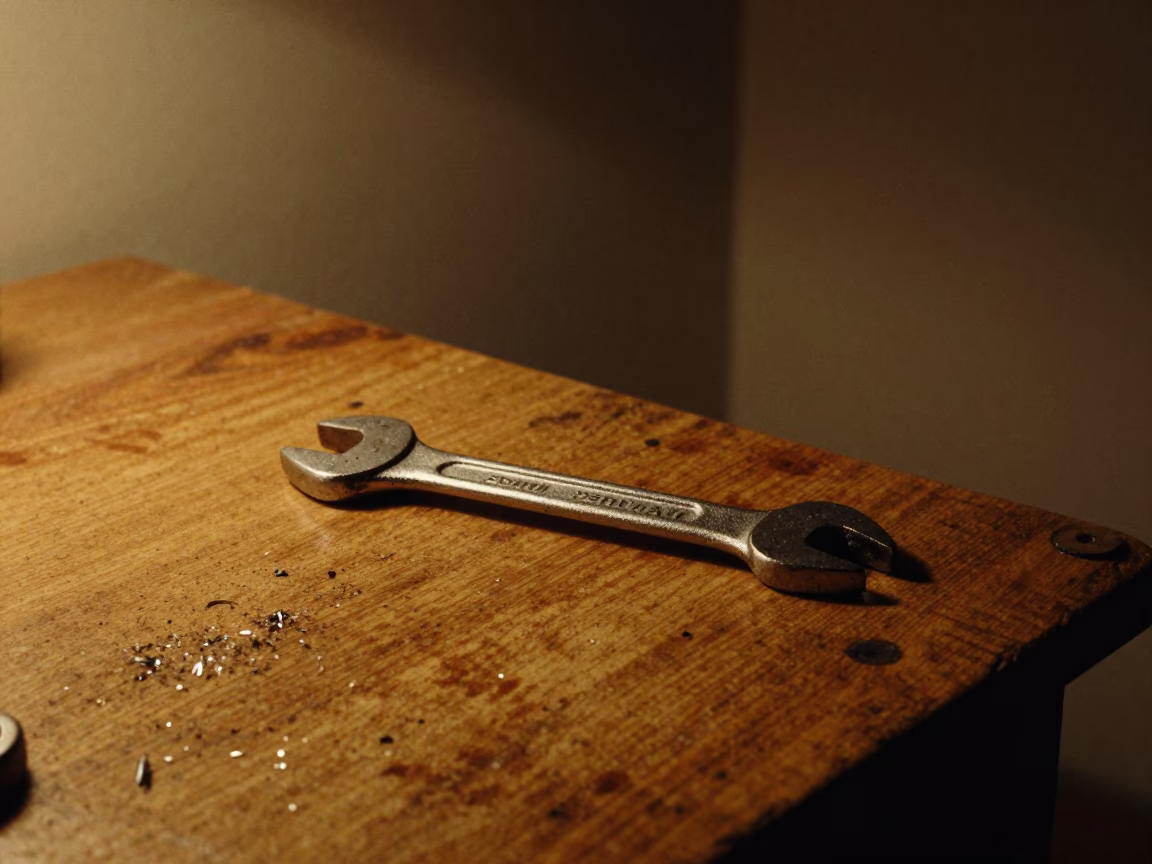Wrench on Scarred Workbench Beneath Firelight in on a workshop shelf near Catia La Mar