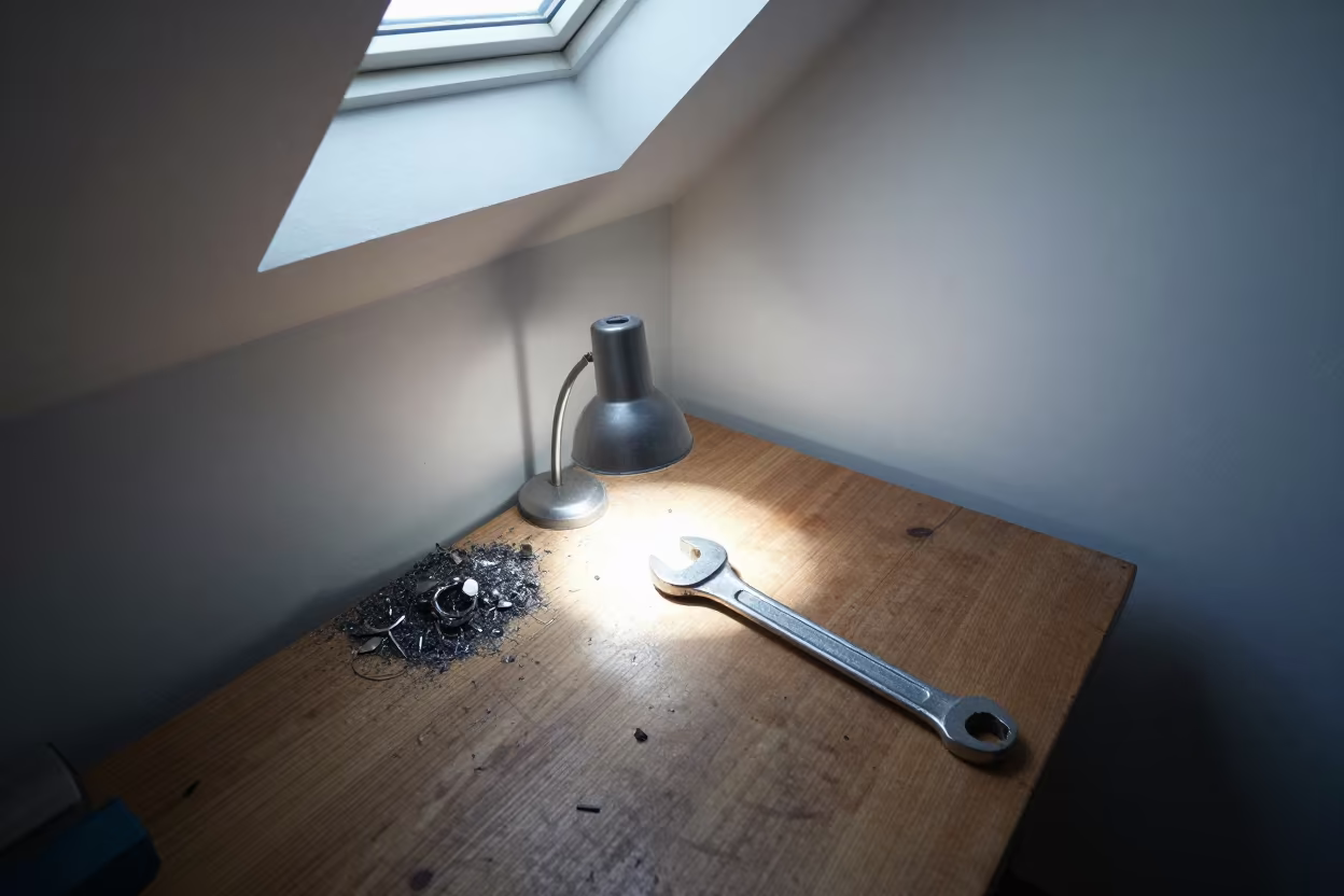Wrench on Scarred Workbench Under Task Lamp in on a painted display ledge in Kulim