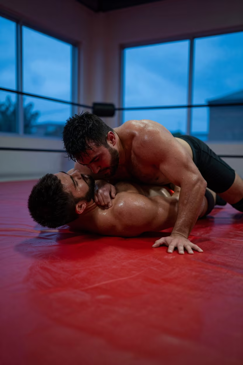 Wrestler Defending Takedown on Red Mat in in a studio in Oral