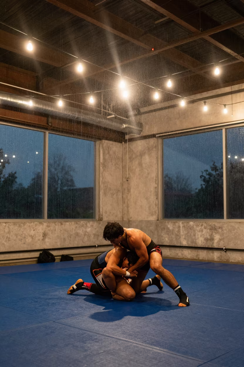 Wrestler Grappling in Santa Monica Warehouse Loft in in a warehouse loft in Santa Monica, Los Angeles